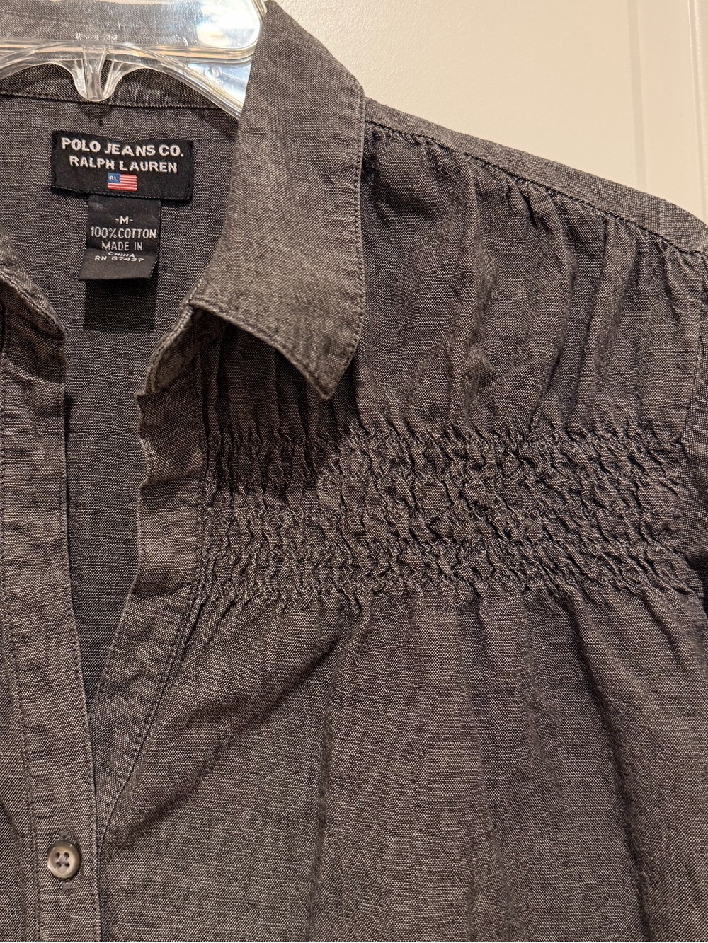 Vintage Polo Jeans Co. Ralph Lauren Grey Denim Smocked Shirt Size Medium